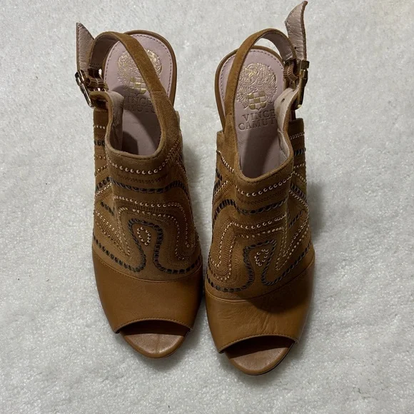 Vince Camuto Studded Tan Peep-Toe Heels - Picture 2 of 4